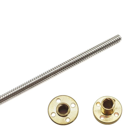 Two precision 200mm TR8X8 Acme lead screws with 8 mm lead, SUS304 stainless steel shafts and brass nuts for 3D printers, side view