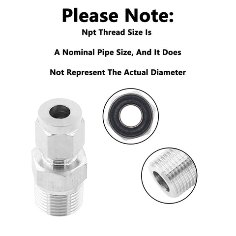 304 Stainless Steel Compression Fittings Imperial Straight Adapters NPT Three Eighths To One Quarter Inch with thread details