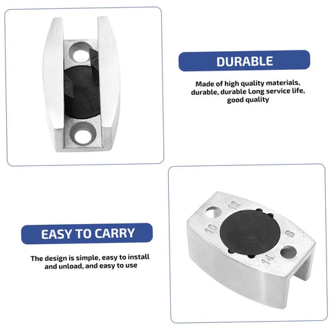 Experience a quiet, draft free doorway with an adjustable stainless steel swing stopper and glass fixing locator shown in two views.