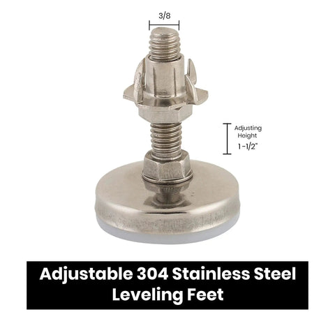 Beefy Stainless Steel Outdoor Leveler Kit showing an adjustable 304 stainless steel leveling foot with dimensions for cabinets and furniture setup