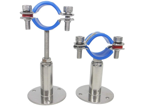 Stainless steel adjustable pipe clamp bracket for 1-inch pipe, blue circular clamp, front view, set of 2.