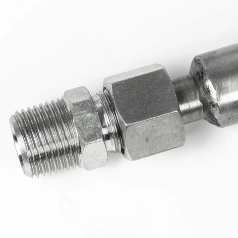 Close-up of 1/2 inch NPT adapter on Half Inch By Thirty Six Inch Stainless Steel Flexible Compressed Air Hose with corrosion resistance fittings.
