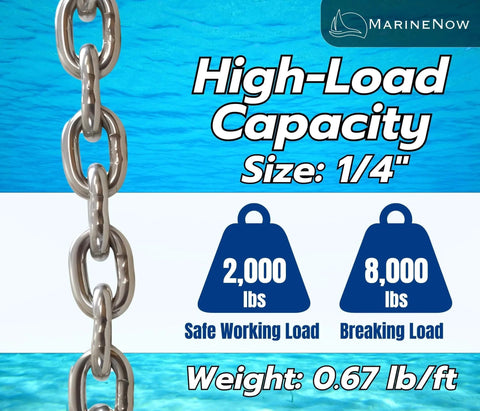 High-load capacity 1/4" G43 ISO AISI 316 Marine Grade Stainless Steel Anchor Chain, mirror polished, safe working load 2000 lbs