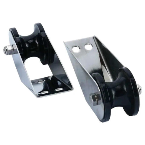 Angled side view of marine-grade stainless steel anchor roller brackets with black rollers for STLF-AR316