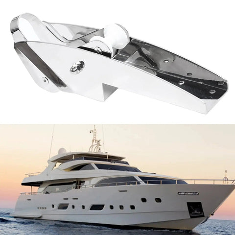Bow anchor roller bracket, 316 stainless steel, hinged self-launching roller.
Installed view: white yacht bow with anchor roller assembly visible