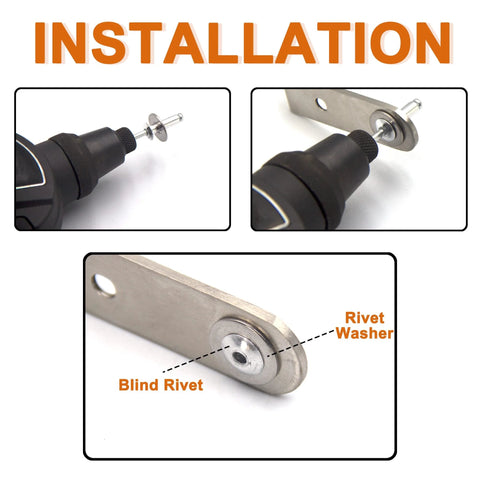 Installation of stainless steel backup rivet washers for blind rivets, showcasing drill use and placement in metal for secure fastening.