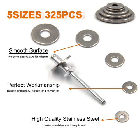 Stainless Steel Backup Rivet Washers Set For Blind Rivets 325 Pcs, featuring smooth surface washers in five sizes with blind rivet detail