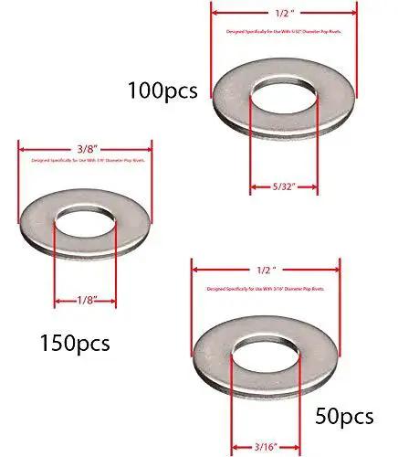 Stainless Steel Rivet Back-Up Washer Kit For 1/8, 5/32, 3/16 Inch Rivets, showing 100, 150, 50 pcs measurements for rivets