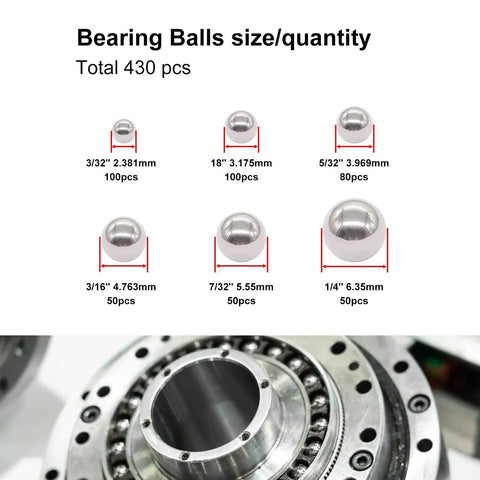 Premium 430 Piece Stainless Steel Ball Assortment Kit with sizes for bearings and auto parts, 1/4 to 3/32 inch, Weideer K086430