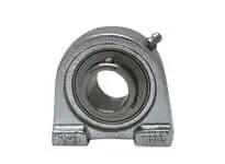 Front view of single 1-11/16 in (42.86 mm) stainless steel set-screw mounted ball bearing with nickel-plated housing, 2-bolt mount.