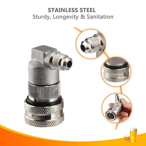 Ball Lock Disconnect For Corny Keg Fittings, Gas And Liquid, MFL Quarter Inch Threaded, Five Sixteenth Inch Stainless Barbed With Hose Clamp
