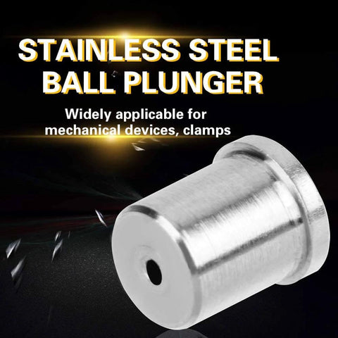 Stainless steel ball plunger for mechanical devices and clamps, emphasizing its use in precision applications.