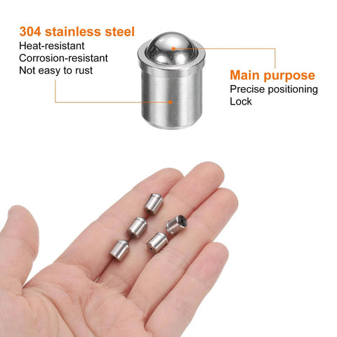 10pcs 6x7mm Ball Point Spring Plungers, Mini Stainless Steel Precision Positioning Ball Catch in hand showcasing size and material