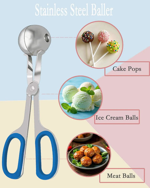 Stainless steel baller tool with images of cake pops, ice cream balls, and meatballs; part of the All In One Cake Pop Making Kit.