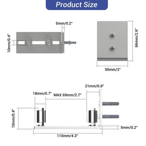 Technical diagram of 2 Pack Floor Guide For Barn Doors, Adjustable Stainless Steel Sliding Door Rollers, Wall Mounted Bottom Guides.