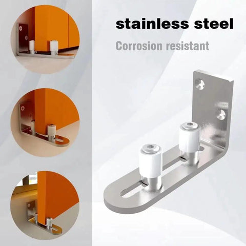 Adjustable Floor Guide For Sliding Barn Doors featured in stainless steel, wall and door bottom roller with corrosion-resistant finish.