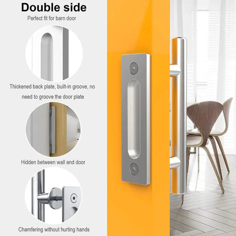 Sliding Barn Door Handle Double Sided Pull And Flush Embedded Invisible Stainless Steel, highlighted on a modern yellow door.