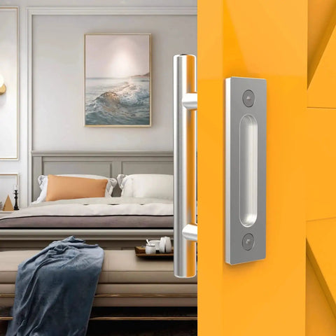Sliding Barn Door Handle Double Sided Pull And Flush Embedded Invisible Stainless Steel installed on yellow door