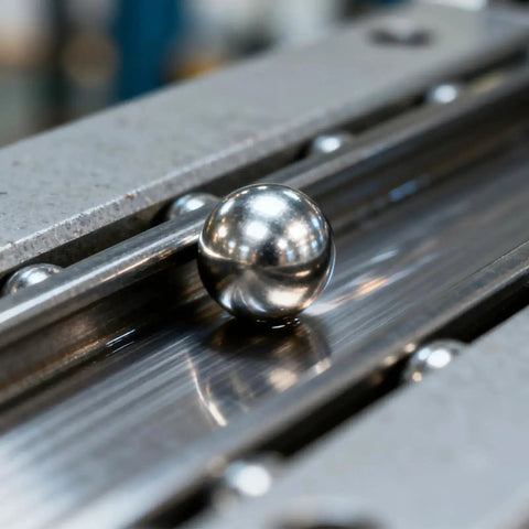 Close-up of stainless steel bearing ball on machine rail, from Stainless Steel Bearing Ball Set With 620 Pieces In 12 Sizes.