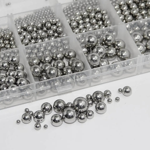 Assorted 840 Pcs Stainless Steel Bearing Balls For Bikes, Metric Precision Ball Bearings, Loose Bicycle Bearings 2 To 10 Mm, 304 Stainless Steel visible in tray