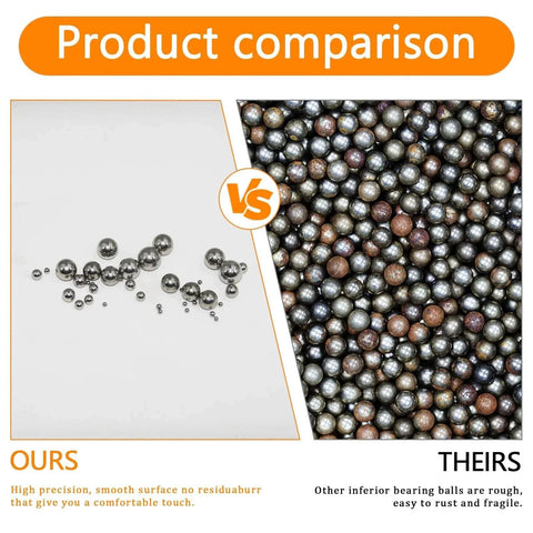 Product comparison of 840 Pcs Stainless Steel Bearing Balls Set for Bikes and Machinery vs inferior rough bearing balls.