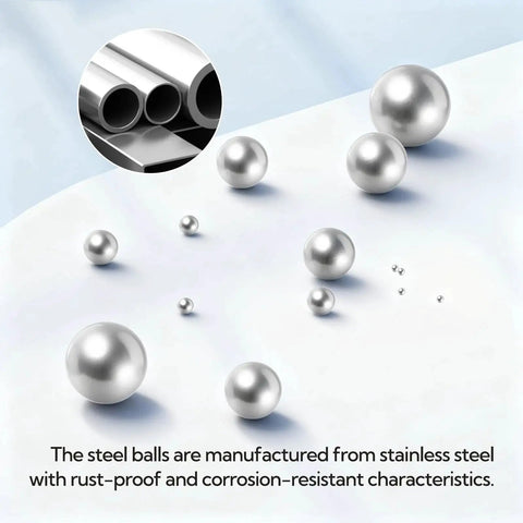 Stainless Steel Bearing Ball Set with 620 Pieces in 12 Sizes 1mm-8mm shown with stainless steel material close-up.