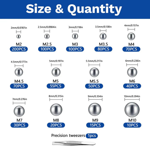 Assorted 840 Pcs Stainless Steel Bearing Balls For Bikes, Metric Precision Ball Bearings, sizes 2 to 10 mm, with tweezers.