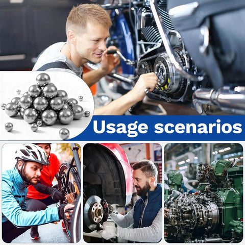 Collage showing Assorted 840 Pcs Stainless Steel Bearing Balls For Bikes in use with bikes, cars, and machinery.