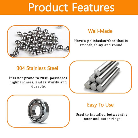 Product features of 840 Pcs Stainless Steel Bearing Balls Set For Bikes And Machinery, showing polished balls, rods, and a bearing.