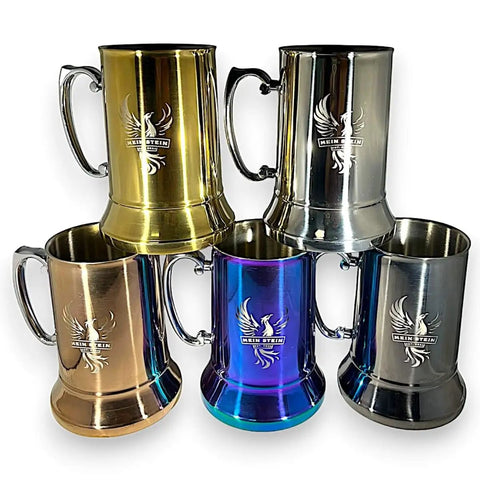 Classic Stainless Steel 20 Ounce Double Wall Beer Stein With Easy Grip Handle Vacuum Insulated Tankard in five colors.
