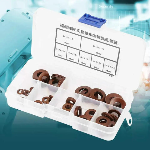 Assorted stainless steel Belleville disc springs for heavy loads and shock absorption in a storage case
