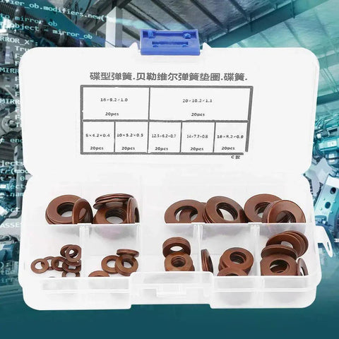 Box of stainless steel Belleville disc springs for heavy loads and shock absorption, various sizes