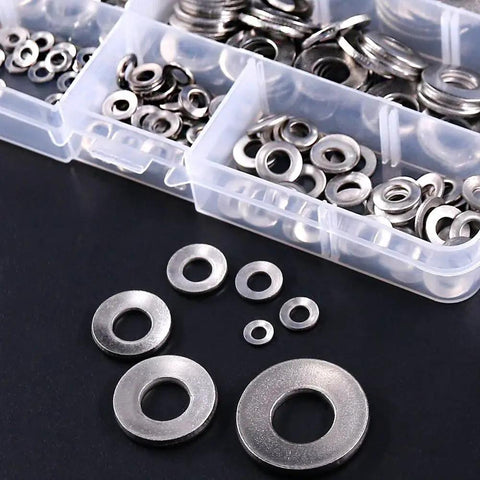 M3 To M12 304 Stainless Belleville Spring Washer Assortment Kit With 7 Sizes in case, showing steel washers