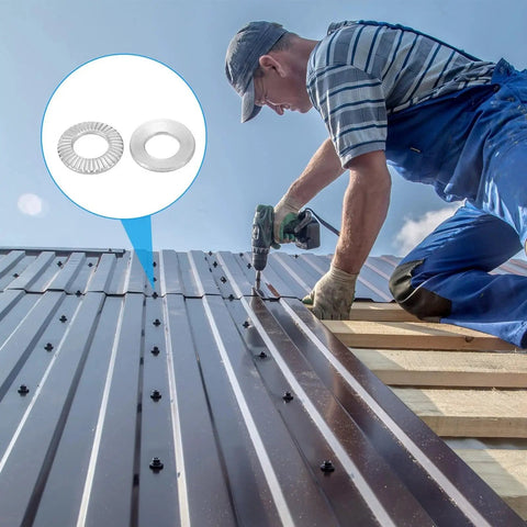 Worker using 304 Stainless Steel Belleville Washer M5x10mm Conical Knurled Pack Of 50 on metal roofing project