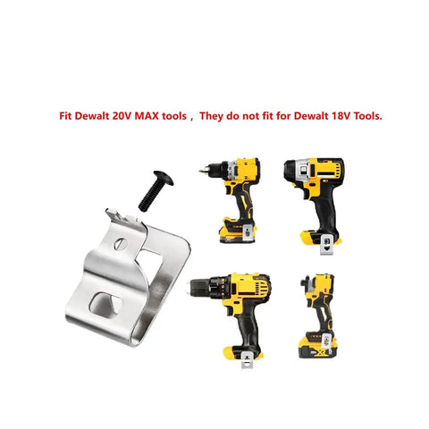 Durable 304 stainless steel belt clips for 20V MAX drills and drivers, 4-pack with screws, shown alongside compatible tools.