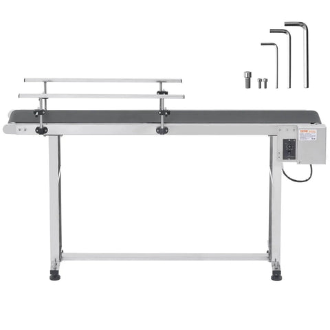 Industrial Grade Stainless Steel Motorized Belt Conveyor For Inkjet Coding Applications With PVC Anti Static Belt 59 By 15.7 Inch Conveyor Table Heavy Duty Double Guardrail Adjustable Speed front view with tools