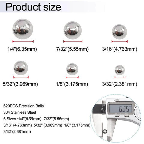 620PCS 304 Stainless Steel Precision Balls, Bicycle Bearing Balls Assortment Kit with 6 sizes from 1/4" to 3/32" shown with caliper measurement.