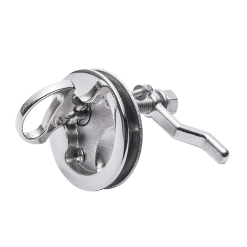Boat Cam Latch Marine Grade 316 Stainless Steel Flush Pull Hatch Lift shown in side view with locking arm and installation screws.