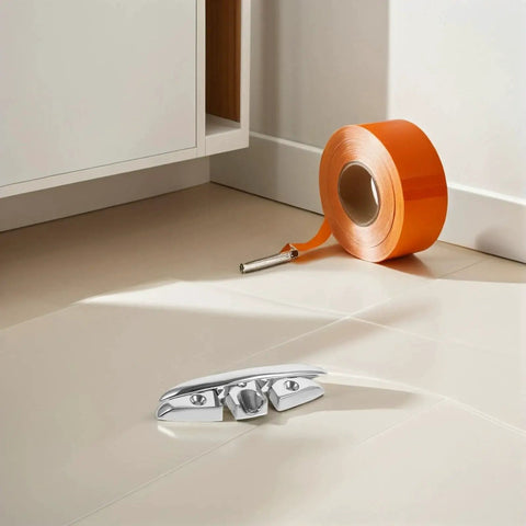 Front view of stainless steel folding boat dock cleat, 5-inch marine grade, on tiled floor beside orange tape roll