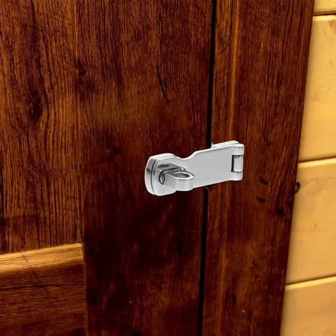 Ipetboom marine-grade stainless steel boat door latch with swivel padlock eye, mounted on wooden door (front view)