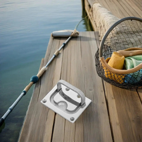 Stainless steel boat flush hatch handle with screws, 316 marine-grade, close-up view on mounting base.