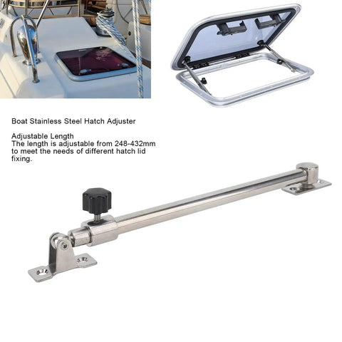 Side view of stainless steel boat hatch adjuster, 248–432mm, mirror-polished with sliding lock