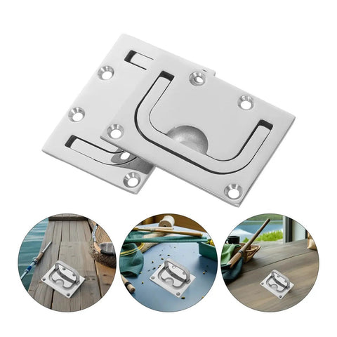 Front view of stainless steel boat hatch flush handle with U-shaped lift ring and screws, two mounting plates