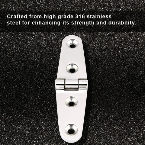Front view of mirror-polished 316 stainless steel boat hatch hinge with screw holes
