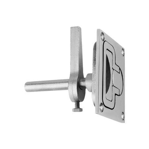 Side view of stainless steel boat floor lock hatch latch with lift handle, marine-grade 316 deck hardware