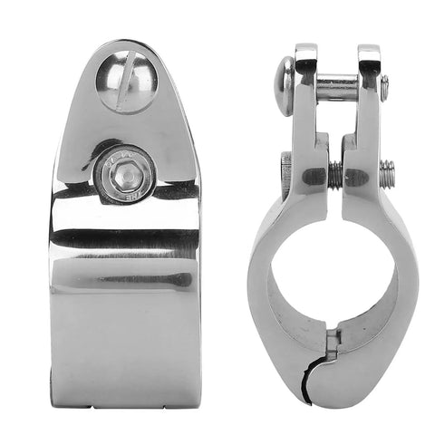 Front and side views of two-piece stainless steel boat rail hinge upper jaw slide hardware, 316 marine grade, 32mm