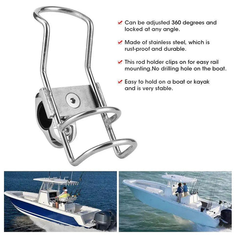 Close-up of stainless steel fishing rod holder, 360° adjustable with locking clamp for 32mm rails
