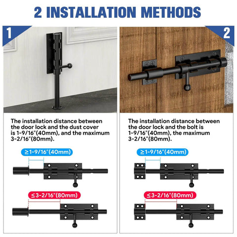 Rugged 7.7 inch sliding bolt latch in 304 stainless steel displayed showing two installation methods on different surfaces.