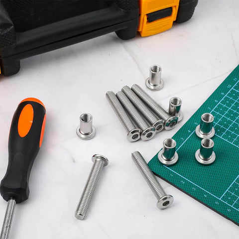Secure trailers with a 12 piece 304 stainless steel hex socket hasp set, bolts and nuts visible with tools on a surface.