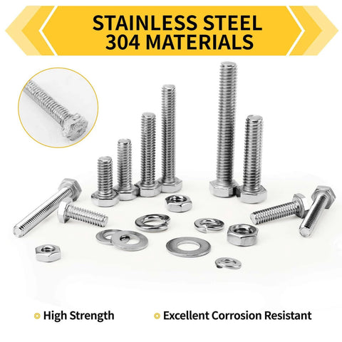 Homwin 255Pcs Stainless Steel Bolts and Nuts Kit, 1/4-20, 5/16-18, 3/8-16 hex bolts, nuts, and washers on white background